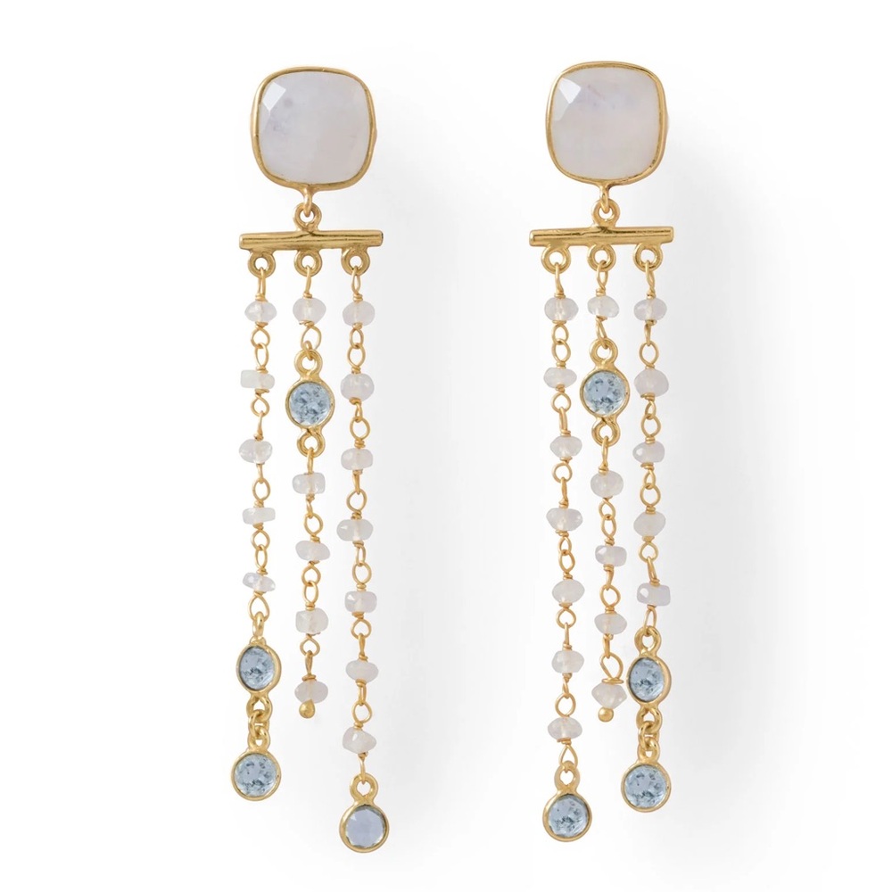 Moonstone & Blue Topaz Chandelier Earrings 14k Gold Plated & Sterling Silver